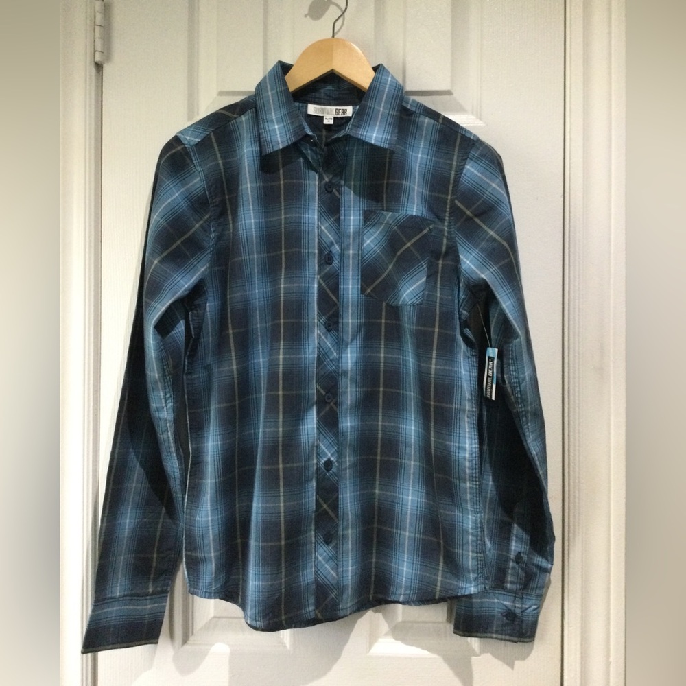 NWT Survival Gear Blue Plaid Button Down Shirt